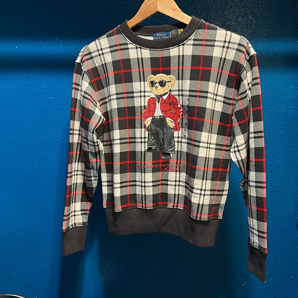 Ralph Lauren Plaid Bear 🐻 Sweatshirt XS Black White Red NWT